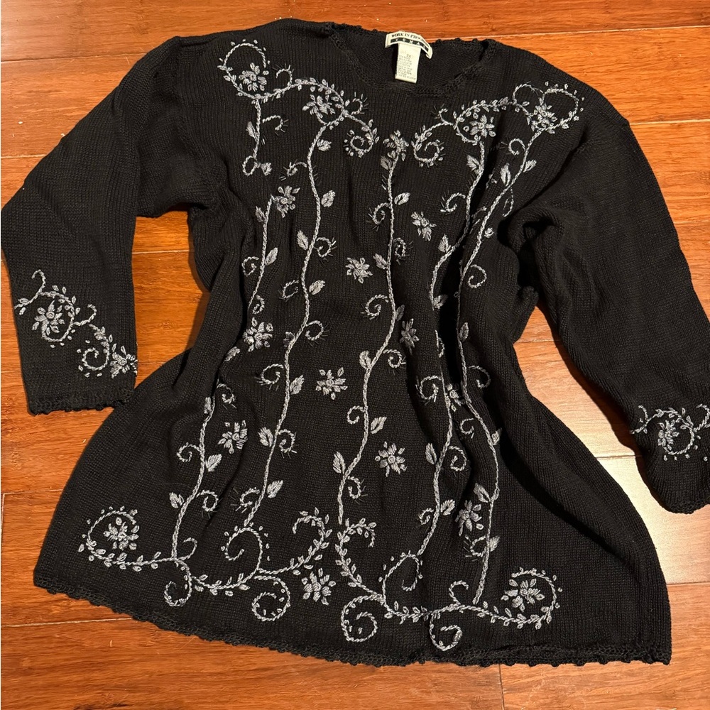 Cottagecore Grandma Vintage Embroidered Beaded Long Tunic Sweater Plus 2X Black